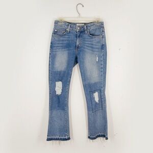 Derek Lam Denim Gia Mid Rise Patchwork Raw Hem Flare Blue Jeans Pants